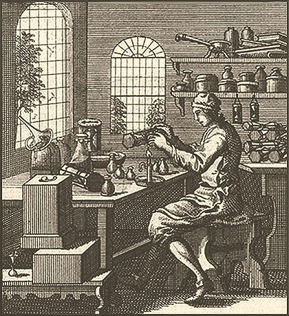 Kupferstich: Sanduhrmacher arbeitet am Tisch sitzend - 1694, NL