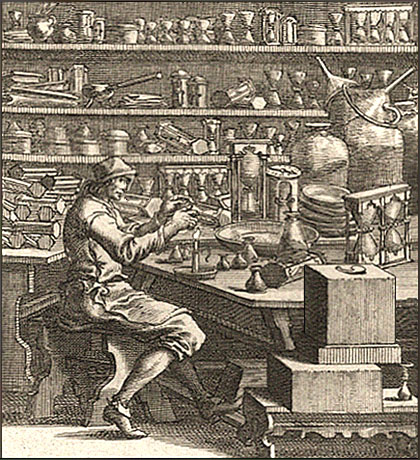 Kupferstich: Sanduhrmacher in seiner Werkstatt - 1698