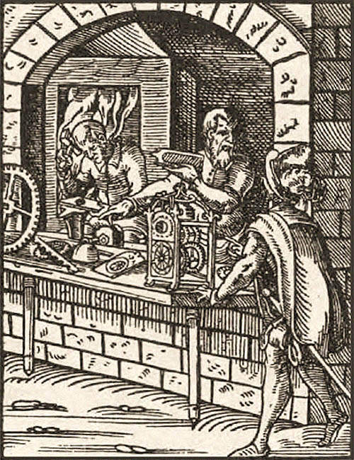Holzschnitt: arbeitende Uhrmacher hinter zur Straße offenem Bogenfenster - 1568