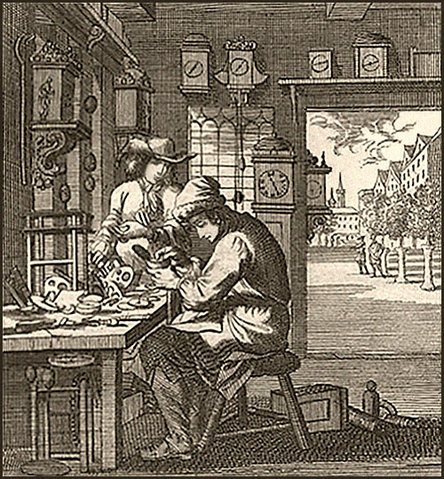 Kupferstich: vornehmer Herr schaut Uhrmacher bei der Arbeit zu - 1698