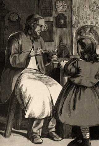 Zeichnung: kleines Mädchen schaut Uhrmacher bei der Arbeit zu - 1878