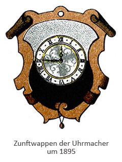Farblitho: Zunftwappen der Uhrmacher, mittig eine Uhr ~1895