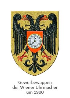 Farblitho: Gewerbewappen der Wiener Uhrmacher, Doppelkopfadler mit Uhr vor der Brust ~1900