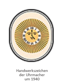 Farblitho: ovales Handwerkszeichen, mittig Uhr in Sonne ~1940