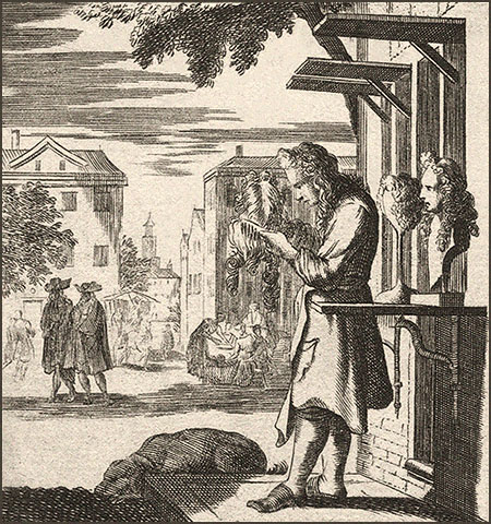 Kupferstich: Perückenmacher präsentiert seine Werke vor Werkstattladen - 1698