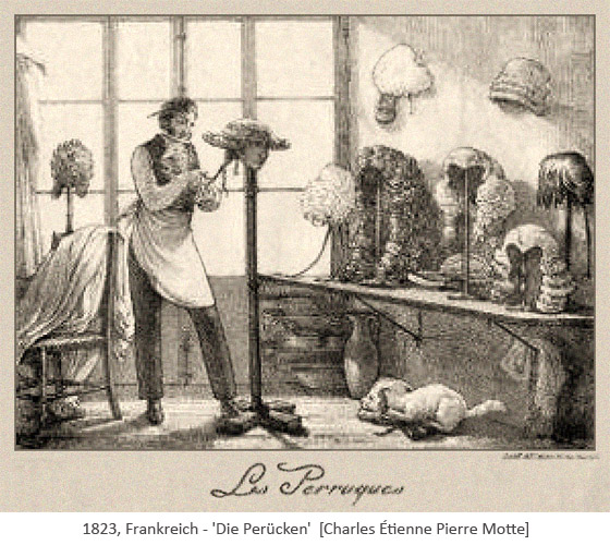 Litho: Perückenmacher arbeitet umgeben von vielen Perücken - 1823, Frankreich