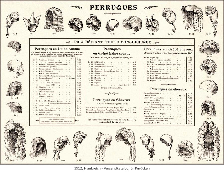 sw Druck: Seite aus Versandkatalog für Perücken - 1912, FR