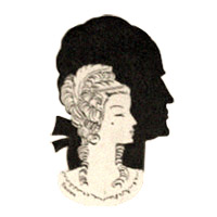 Zeichnung: Frauenbüste mit Perücke vor Männerkopf-Silhouette