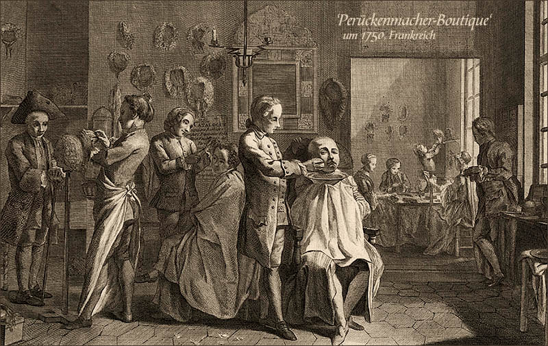 Kupferstich: mehrere Perückenmacher und Kunden in Werkstattladen ~1750, FR