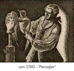 Holzstich: Peruqier bearbeitet Perücke auf Ständer ~1760