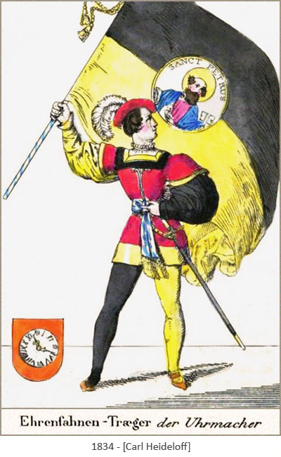 kolorierte Zeichnung: Ehrenfahnenträger der Uhrmacher Zunft - 1834