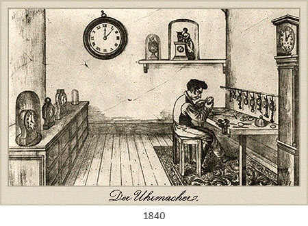 Litho: Uhrmacher an Arbeitstisch umgeben von verschiedenen Uhren - 1840