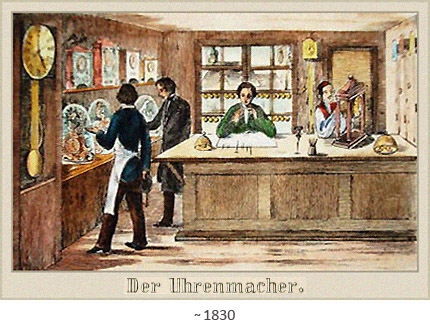 Farblitho: 3 Uhrmacher und 1 Kunde in Werkstattladen ~1830