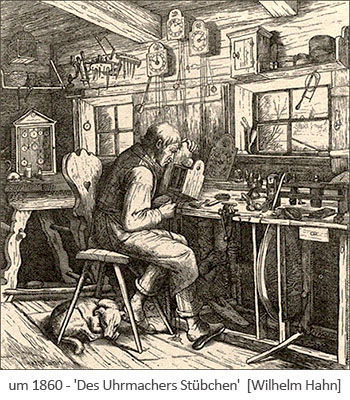 Zeichnung: Uhrmacher arbeitet in seinem Stübchen ~1860