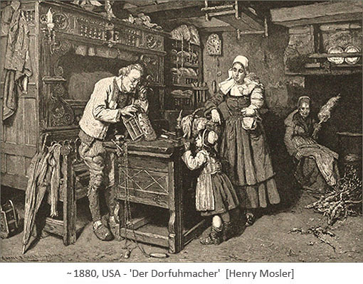 Holzstich: Mutter und Tochter zu Besuch beim Dorfuhrmacher ~1880, USA