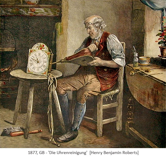Gemälde: Uhmacher reinigt eine Schilderuhr mit einem Handblasebalg - 1877, GB