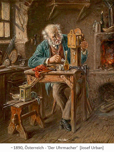 Gemälde: älterer Uhrmacher mit Nickelbrille an seinem Arbeitstischchen ~1890, AT