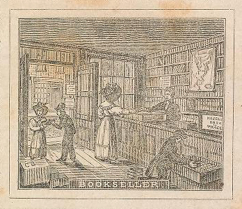 altes Bildchen: Buchhändler bedient Kunden im Buchladen