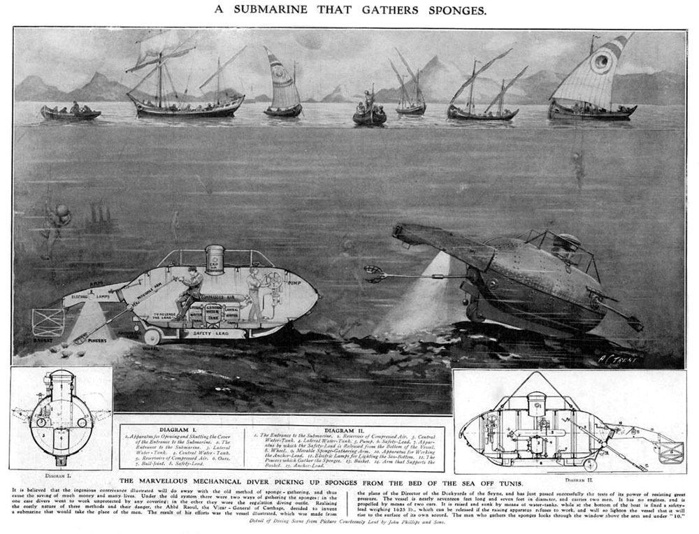 Zeichnung mit Text zum Einsatz von U-Booten zur Schwammernte