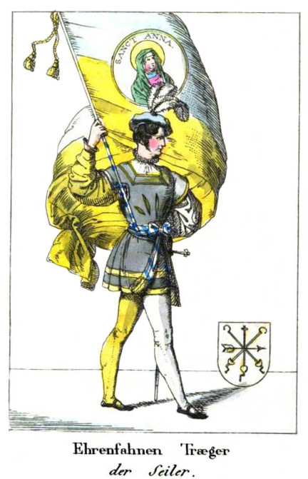 kolorierte Zeichnung: Mann in Kostüm mit großer Fahne