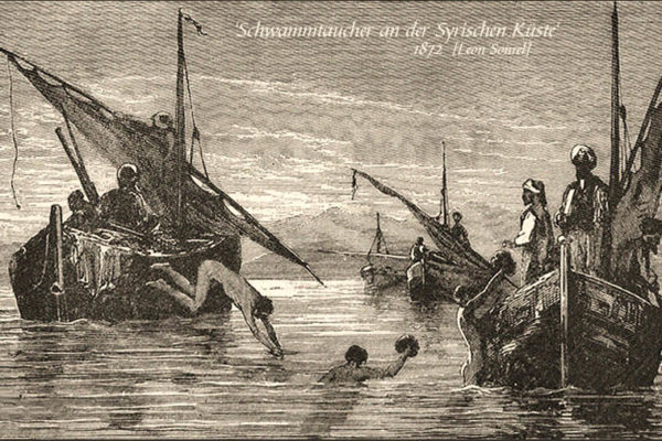 Holzstich: Schwammtaucher und Begleitboote vor der Syrischen Küste - 1872