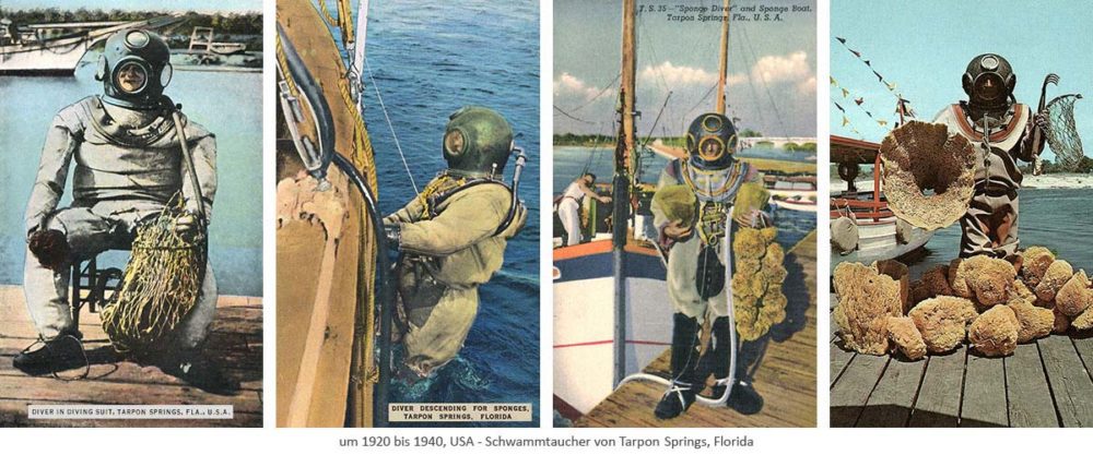 4 Postkarten: Porträts von Schwammtauchern aus Tarpon Springs, Florida - 1920-40, USA