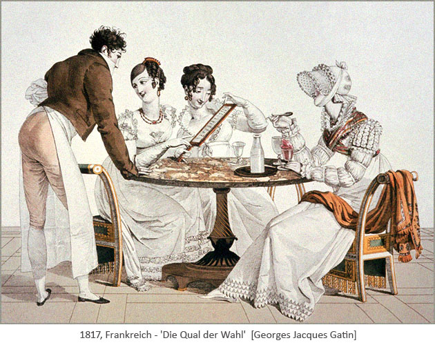kolorierter Stich: die Damen haben die Qual der Wahl der Eissorte - 1817, Frankreich