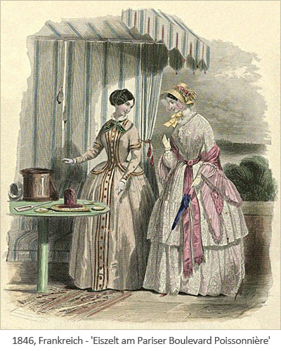 kolorierter Stich: Eisverkauf in einem Zelt am Pariser Boulevard Poissonnière - 1846, FR