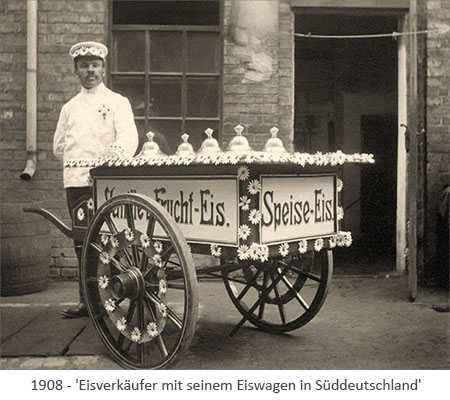 sw Foto: Eisverkäufer mit geschmücktem Eiswagen in Süddeutschland - 1908