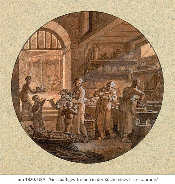 Rötelzeichnung: Geschäftiges Treiben in der Küche eines Eisrestaurants ~1820, USA