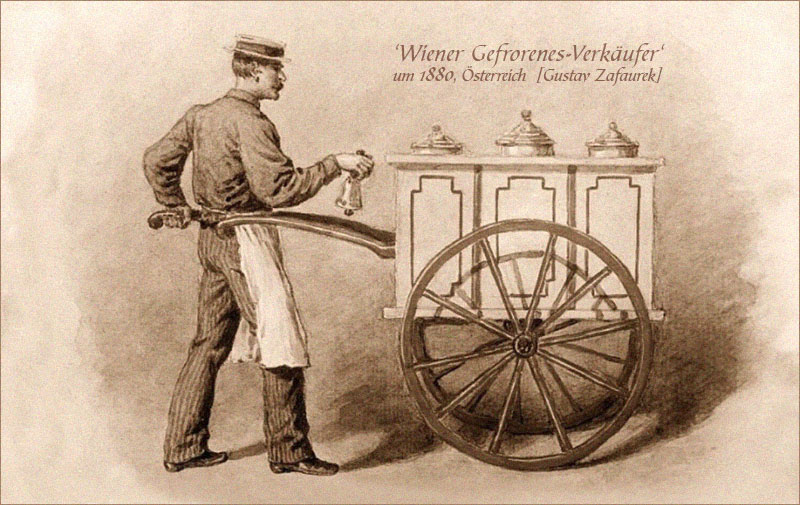 Zeichnung: Wiener Gefrorenes-Verkäufer mit Handkarren und Glöckchen ~1880, AT