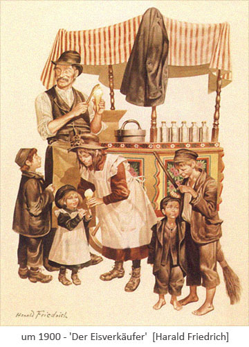 Farblitho: Kindergruppe bei einem mobilen Eisverkäufer ~1900