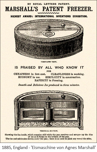 Werbeanzeige: Kurbel-Eismaschine von Agnes Marshall - 1885, England