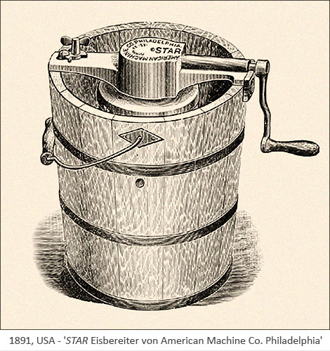 Kupferstich: Bottich zur Eisbereitung mit Handkurbel - 1891, USA