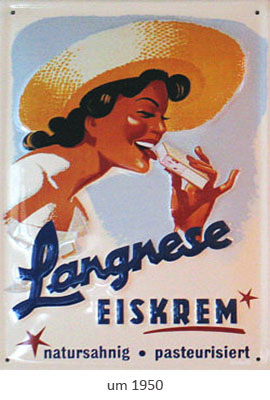 Farbfoto: Emailleschild für Langnese-Eiskrem ~1950