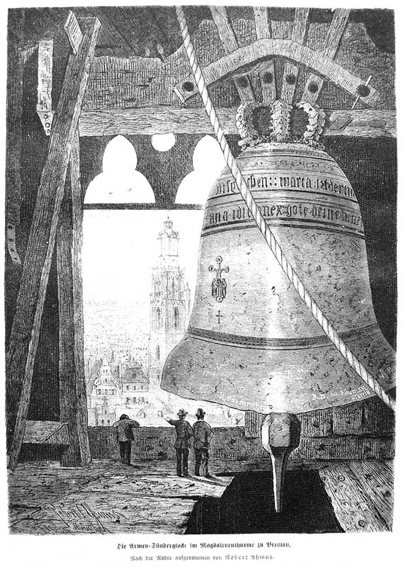 sw-Zeichnung: riesige Glocke im Turm