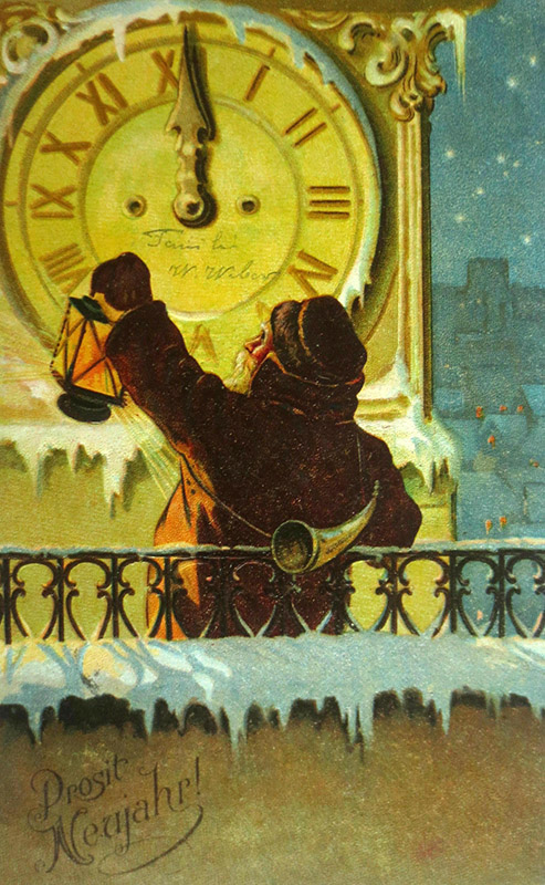 Postkarte: Nachtwächter vor großer Uhr