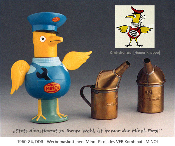 Farbfoto: Werbemaskottchen 'Minol-Pirol' des VEB Kombinats MINOL - 1960-84, DDR