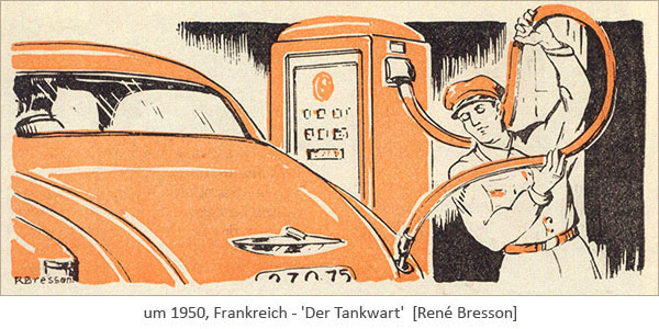 Zweifarbendruck: Tankwart, der beim Betanken den Tankschlauch hoch hält~1950, Frankreich