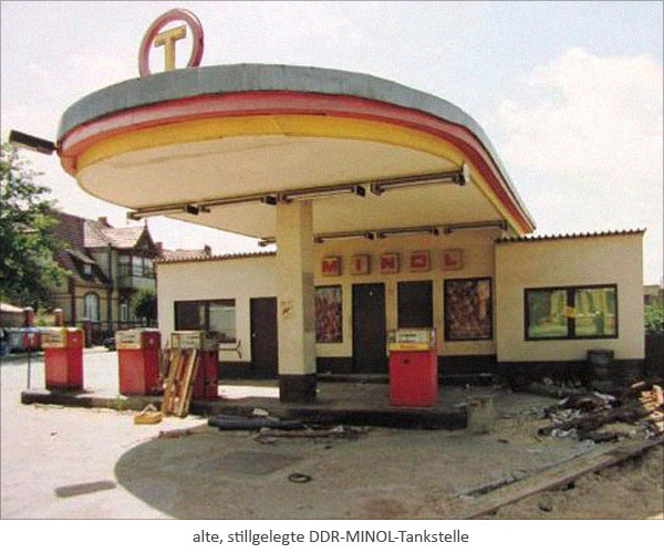 Farbfoto: alte, stillgelegte DDR-MINOL-Tankstelle