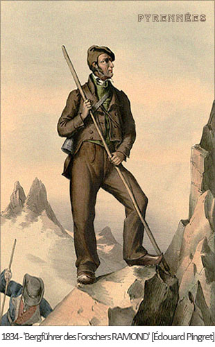 Farblitho: Bergführer des Forschers RAMOND in den Pyrenäen - 1834, Frankreich