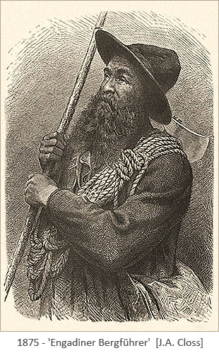 Kupferstich: Portrait eines Bergführers aus dem Engadin - 1875, Schweiz