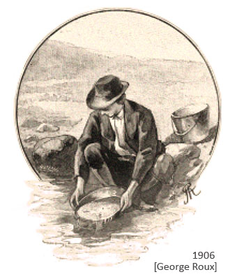 Zeichnung: Goldsucher am Fluß mit Pfanne - 1906