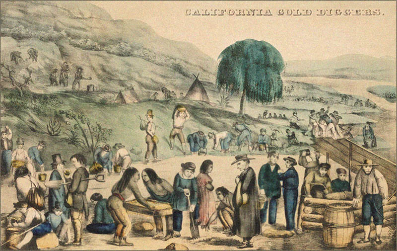 kolorierte Zeichnung: geschäftiges Treiben in einer kalifornischen Goldgräbersiedlung - 19.Jh