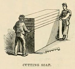 Illustration: zwei Männer schneiden einen großen Block Seife