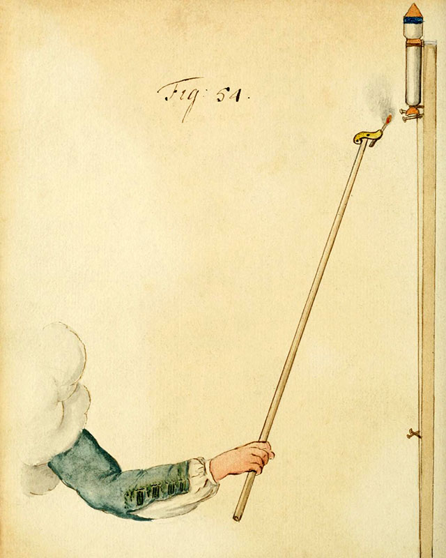 alte Buchillustration: Feuerwerk mit langem Stab angezündet