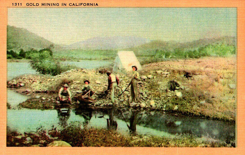 farbige Postkarte: Goldgräber am Fluss