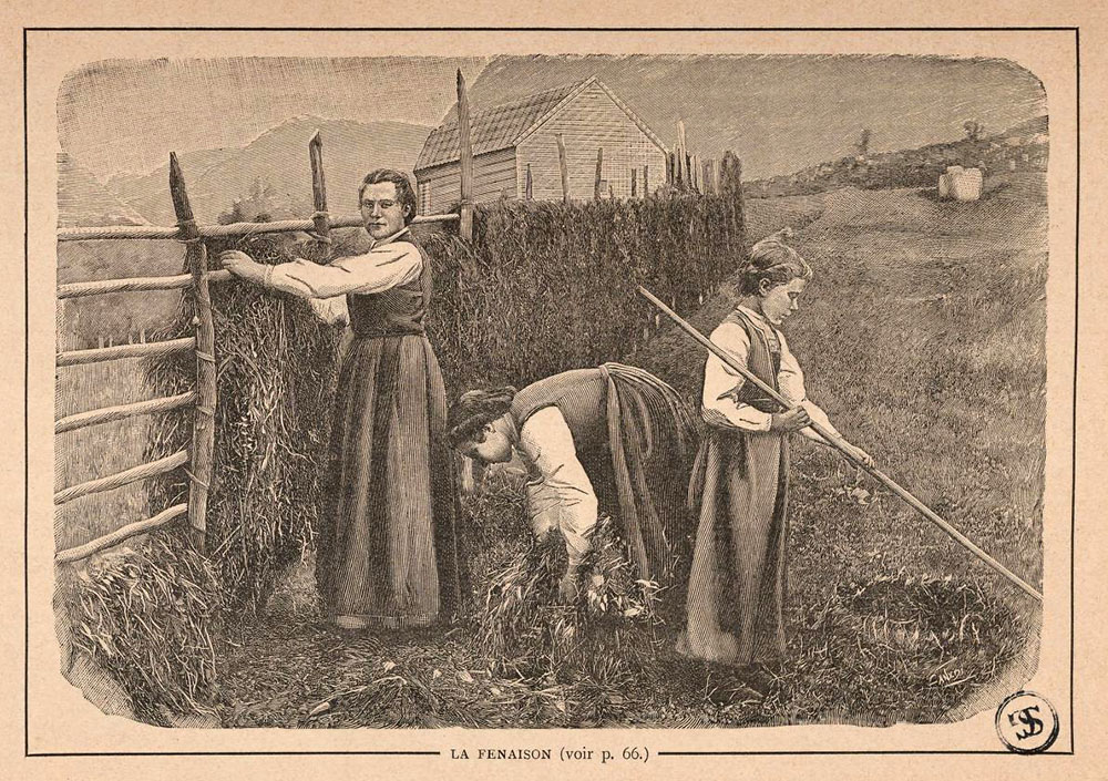 drei Frauen bauen einen Zaun aus Gras