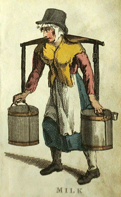 alter kolorierter Stich: Frau mit Schulterbügel mit Milchgefäßen