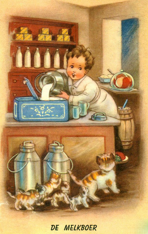 Postkarte: Milchmann schüttet Milch in ein Gefäß